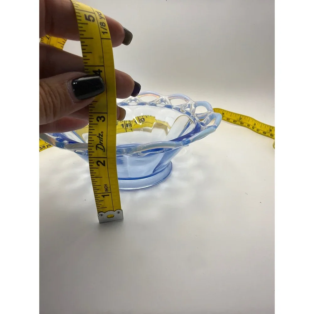 Vintage Blue Opalescent Glass Lattice Lace Edge Footed Bowl 7 Inch